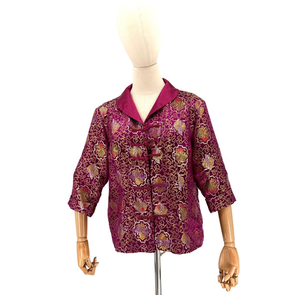 Vintage 90s Purple and Gold Satin Floral Chinese Frog Closure Jacket